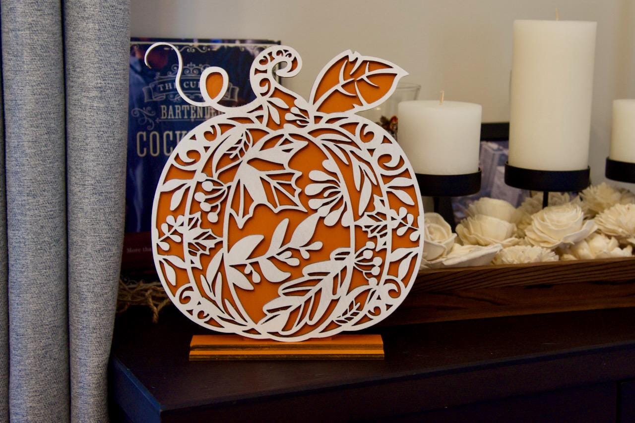 Wooden pumpking decoration. Beautifully crafted ornamental design.
