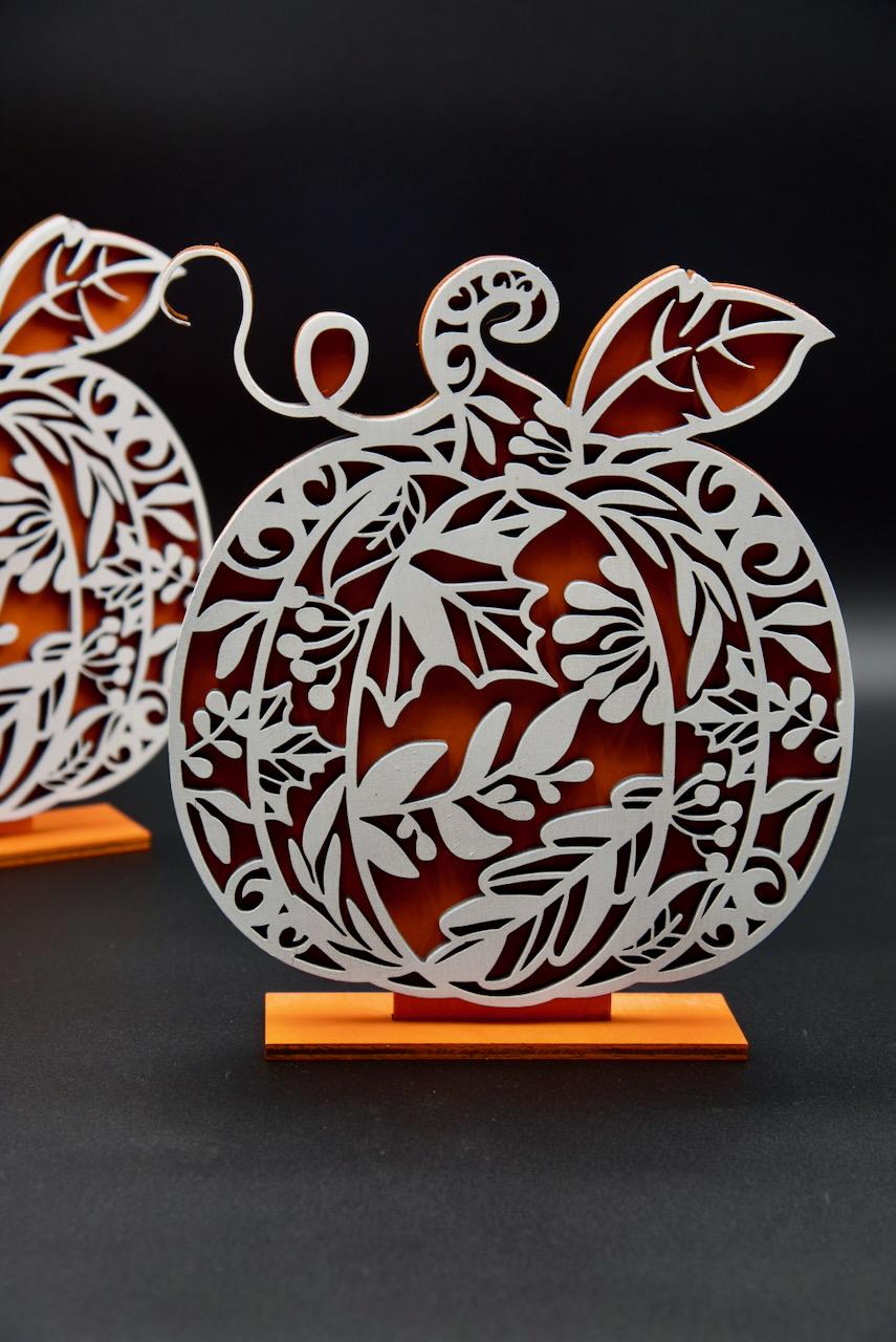 Wooden pumpking decoration. Beautifully crafted ornamental design.