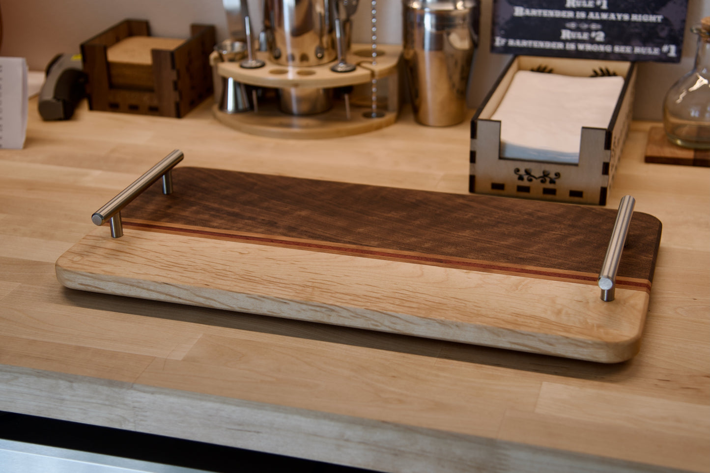 Handmade Wooden Serving Board. Elevate Your Entertaining Game! Made of Walnut, Hard Maple,  and Cherry, Perfect Gift