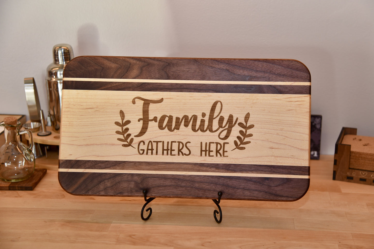 Handmade Wooden Serving Board. Made of Walnut and Hard Maple. Custom personalized design. Perfect Gift.