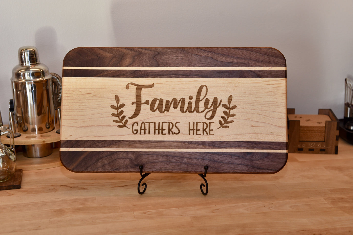 Handmade Wooden Serving Board. Made of Walnut and Hard Maple. Custom personalized design. Perfect Gift.