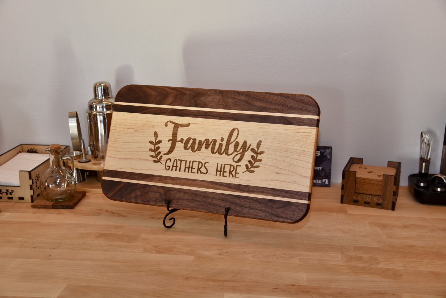 Handmade Wooden Serving Board. Made of Walnut and Hard Maple. Custom personalized design. Perfect Gift.