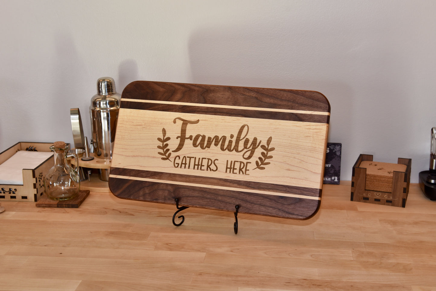 Handmade Wooden Serving Board. Made of Walnut and Hard Maple. Custom personalized design. Perfect Gift.