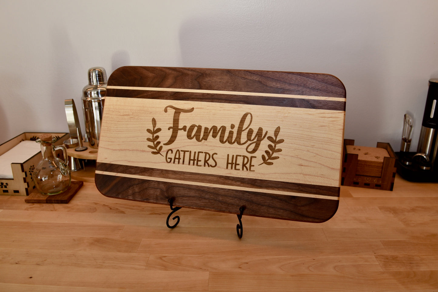 Handmade Wooden Serving Board. Made of Walnut and Hard Maple. Custom personalized design. Perfect Gift.