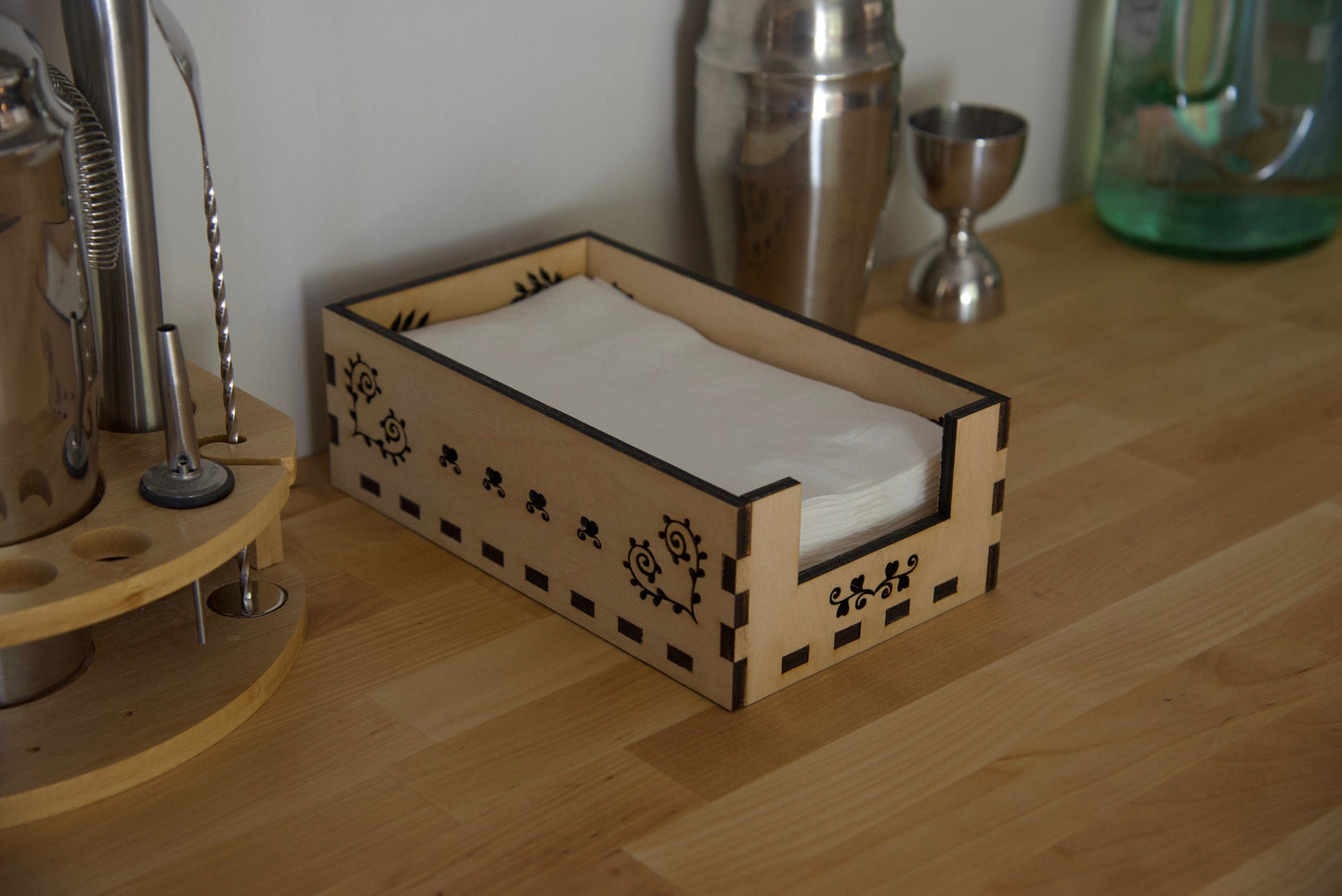 Wooden napkin holder. Beautifully crafted ornamental design.